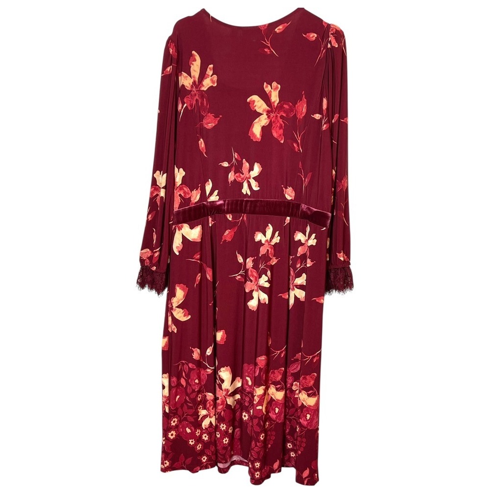 Susan Graver Floral Midi Dress‎ Womens XL Burgundy Velvet Trim Lace Cuff - Picture 3 of 14